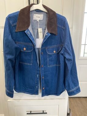 pistola blue denim jacket with brown corduroy collar detail, Relaxed fit, L NWT